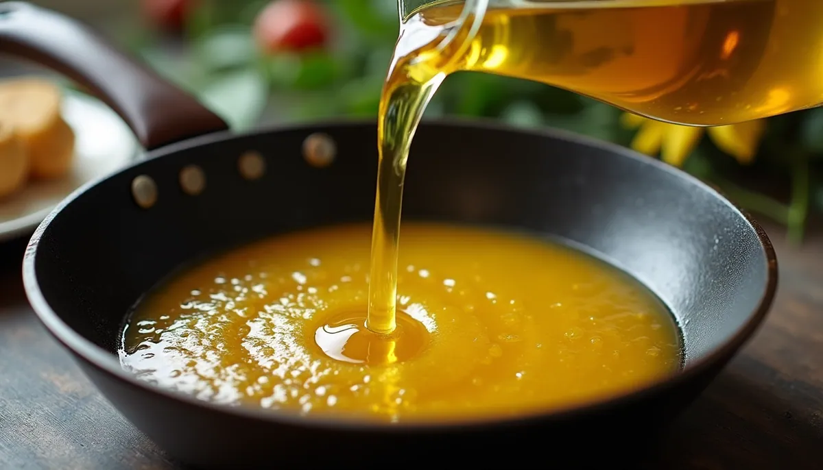 High angle view of sunflower oil being poured into a frying pan