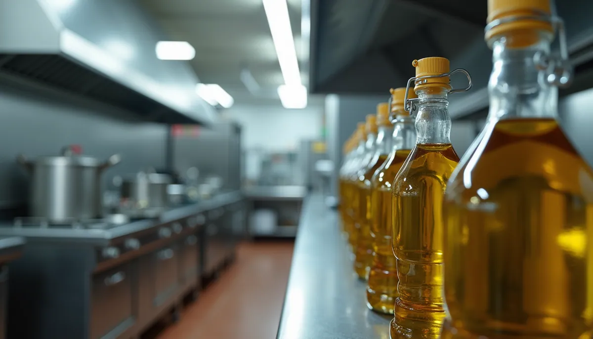 Eye-level view of a commercial kitchen with cooking equipment and refined sunflower oil bottles