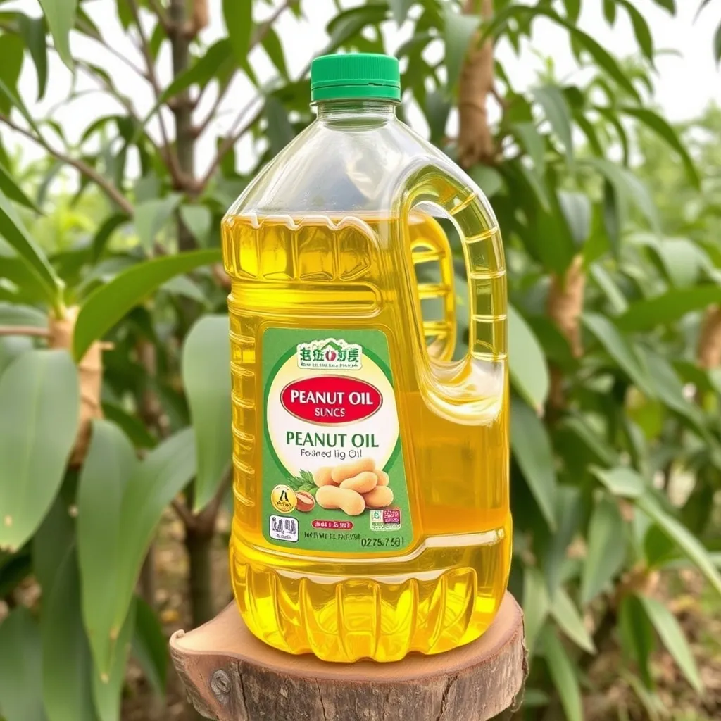 PET bottle of peanut oil among green foliage