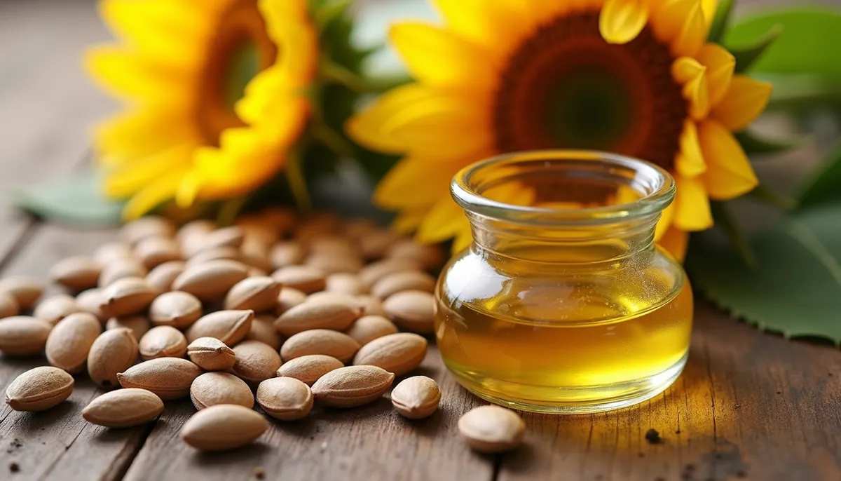 High angle view of sunflower seeds and a small container of sunflower oil