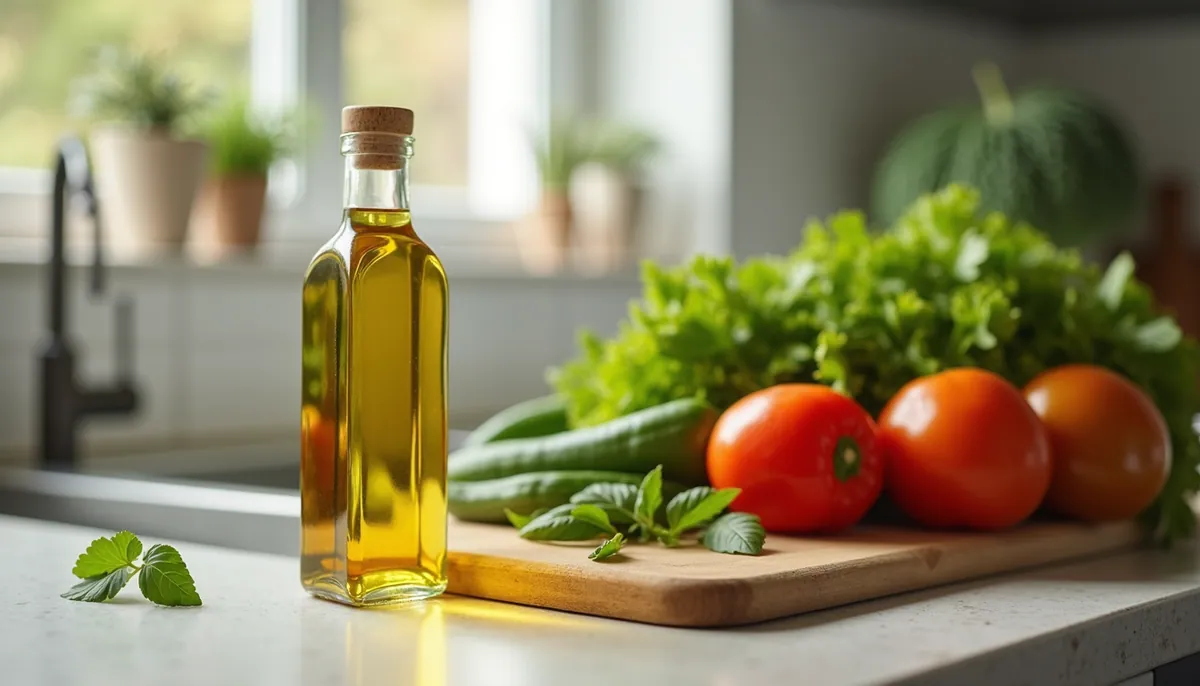 Eye-level view of a kitchen countertop with a bottle of refined sunflower oil and fresh vegetables