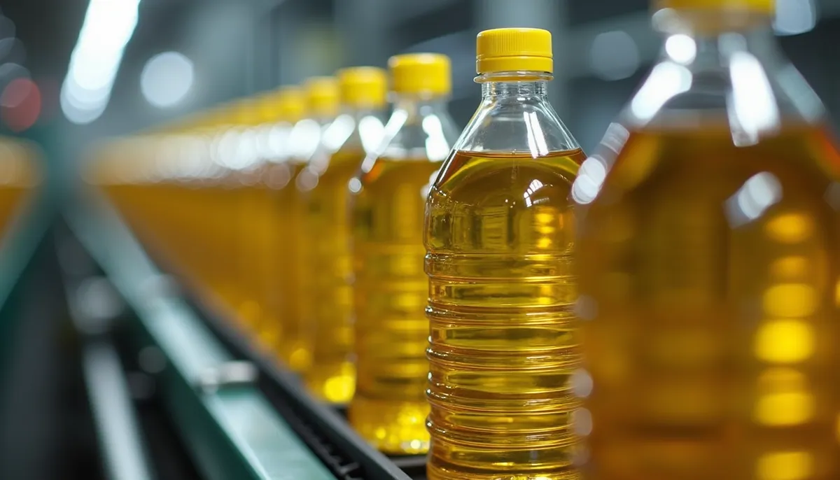 Eye-level view of sunflower oil bottles lined up on a production line