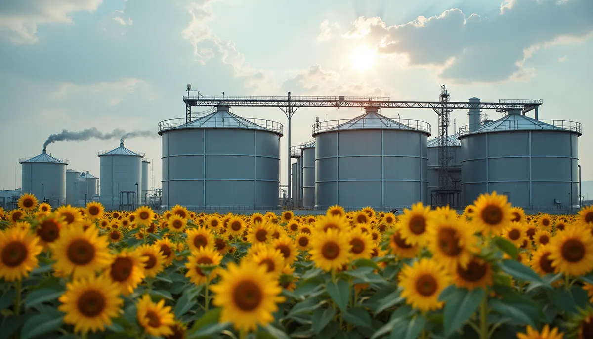 High angle view of large sunflower oil storage tanks at a manufacturing facility