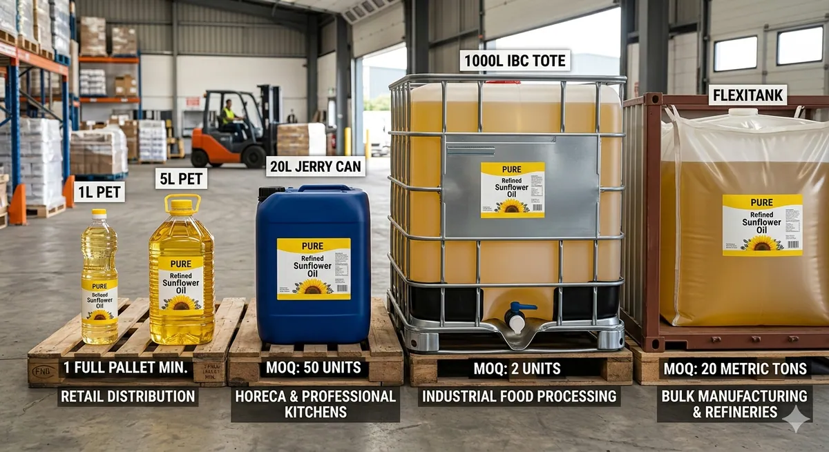 Packaging line-up: PET bottles, jerrycan, IBC tote and flexitank