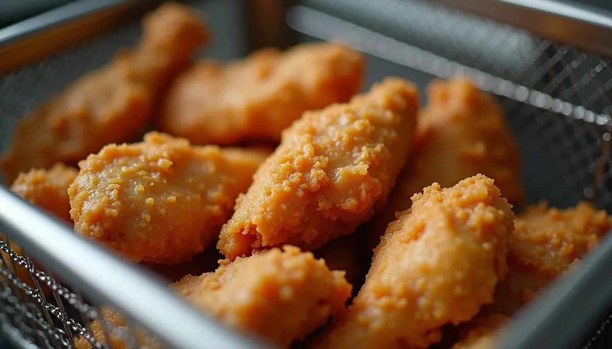 High angle view of fried chicken pieces in a deep fryer basket