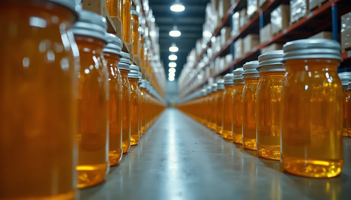 Eye-level view of stacked sunflower oil containers in a warehouse
