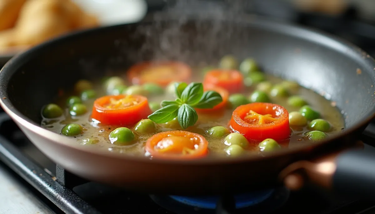 Tomatoes and peas cooking in a pan