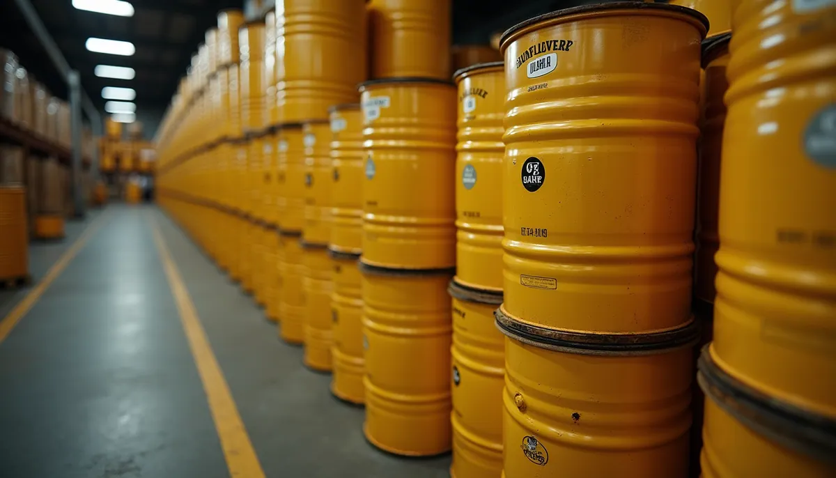 High angle view of sunflower oil barrels stacked in a warehouse