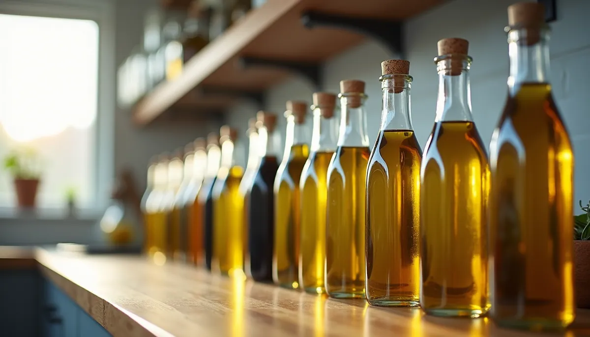 Eye-level view of cooking oil bottles lined up on a kitchen counter