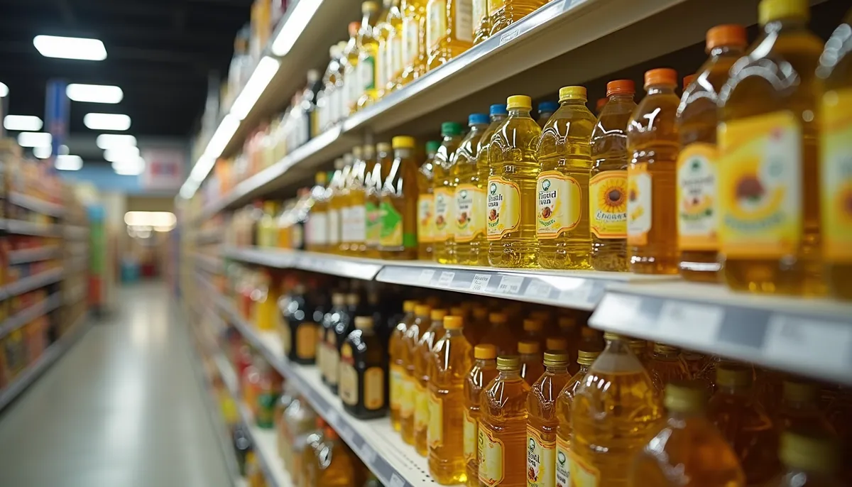 Eye-level view of supermarket shelves stocked with various cooking oils including refined sunflower oil