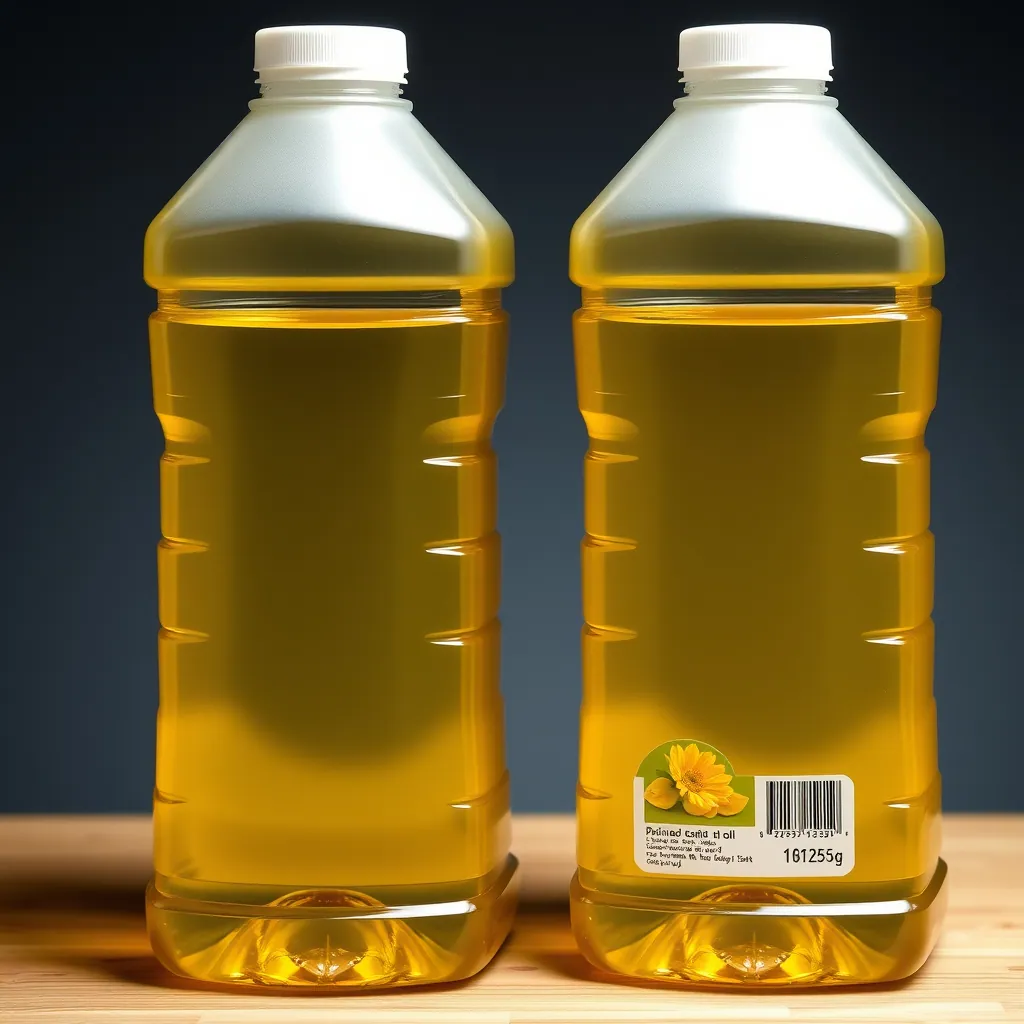 Two unlabelled jugs of canola oil on a table
