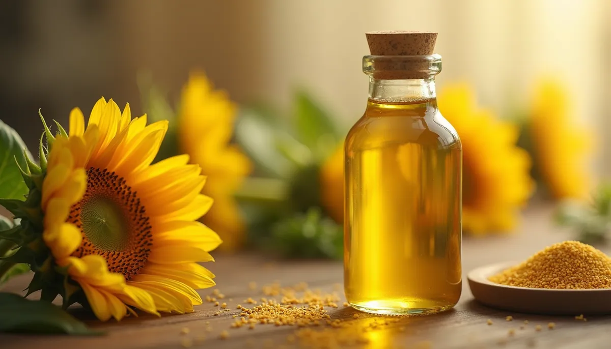 Close-up view of a bottle of refined sunflower oil