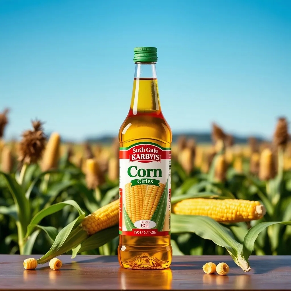 Bottle of corn oil standing in a maize field