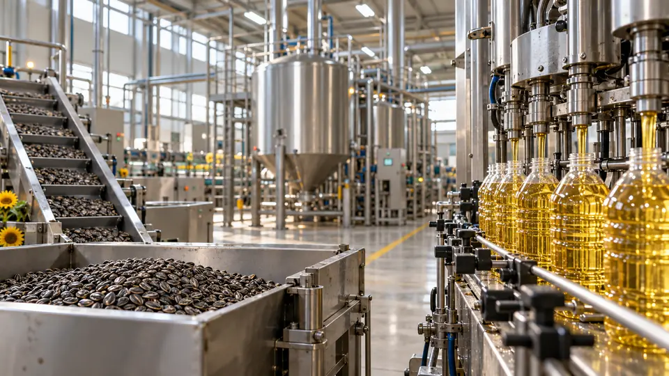 Sunflower seeds on a conveyor and bottles of refined sunflower oil on a filling line in an edible oil plant